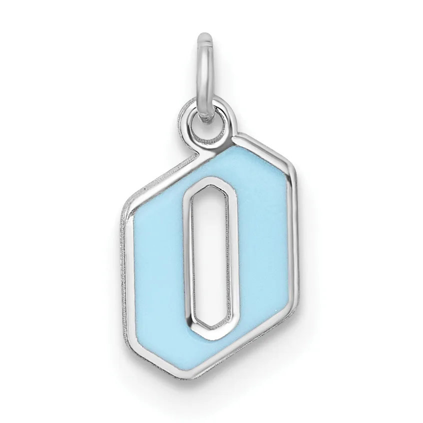A silver charm pendant with a light blue hexagonal stone and a silver oval cutout in the center, suspended from a silver loop.