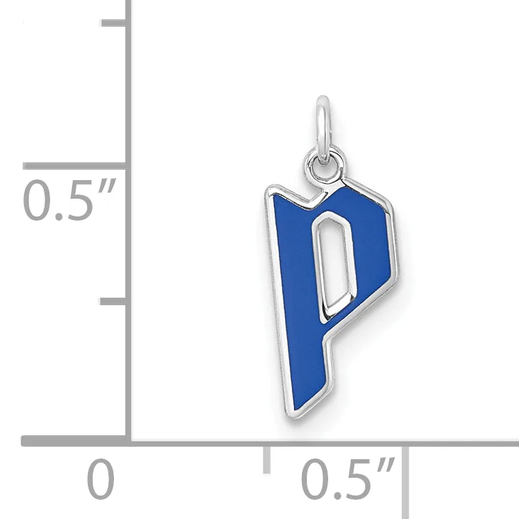 Blue enamel letter P charm with silver-toned metal outline and loop, shown next to a measurement scale indicating approximately 0.5 inches in height.