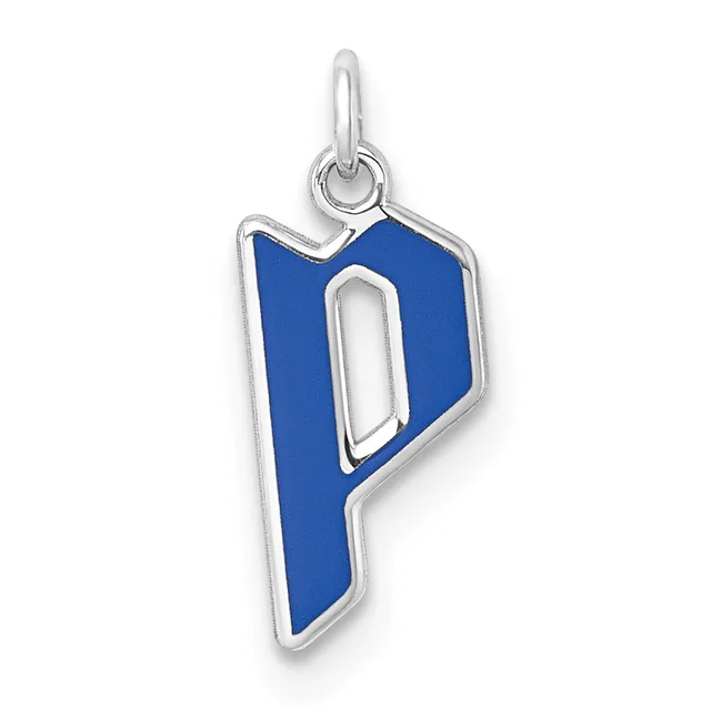 Silver pendant charm in the shape of the letter P with blue enamel fill and an open loop bail at the top.