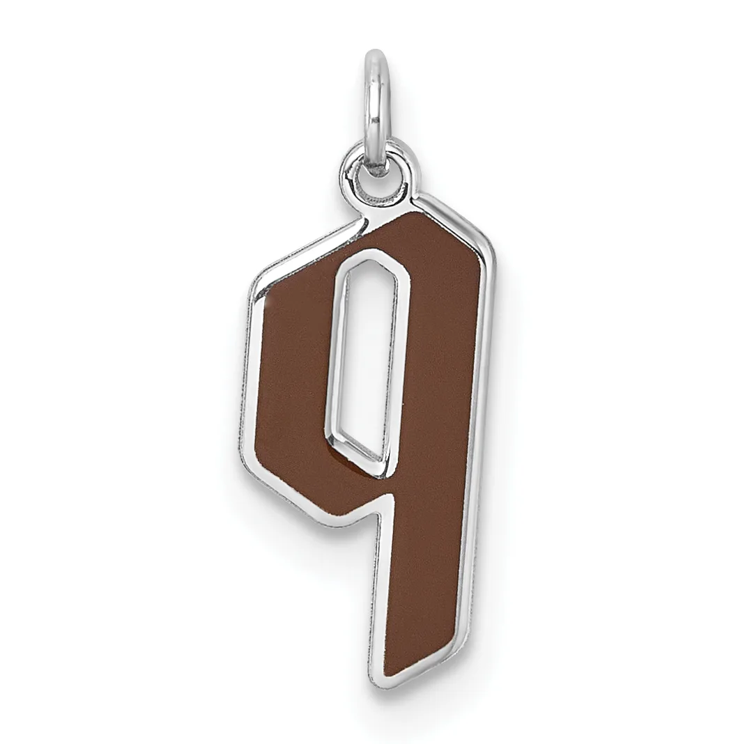 A silver charm pendant featuring the number 9 in brown enamel with a silver outline, suspended from a small silver loop.