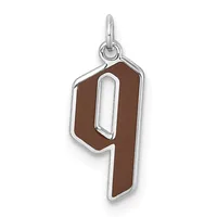 A silver charm pendant featuring the number 9 in brown enamel with a silver outline, suspended from a small silver loop.