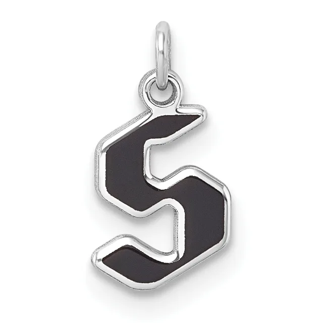 Silver pendant charm shaped like the letter S with black enamel fill and a loop at the top for attaching to a chain.