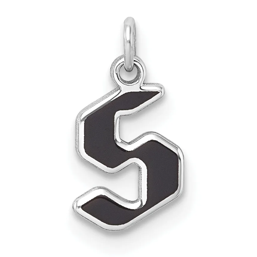 Silver pendant charm shaped like the letter S with black enamel fill and a loop at the top for attaching to a chain.