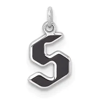 Silver pendant charm shaped like the letter S with black enamel fill and a loop at the top for attaching to a chain.