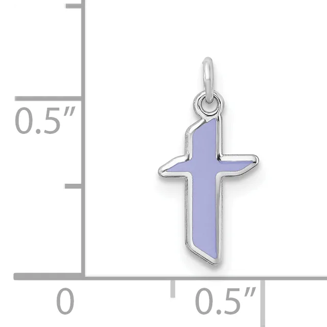 A silver cross pendant with a light purple enamel center, shown next to a measurement scale indicating it is approximately 0.5 inches wide and tall.