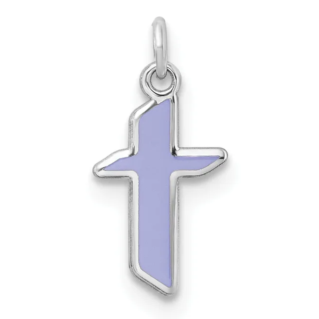 A silver cross pendant with a periwinkle blue enamel fill and a hanging loop at the top.