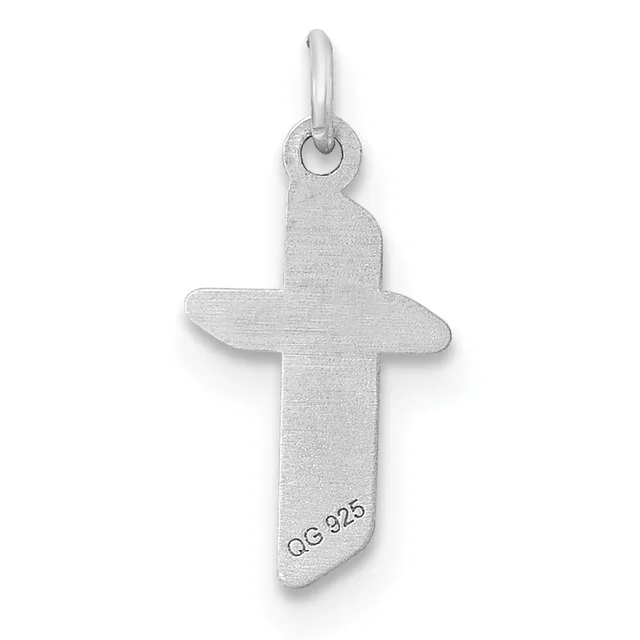 A silver cross pendant with rounded edges and a small stamped hallmark on the lower portion, suspended from a silver loop bail.