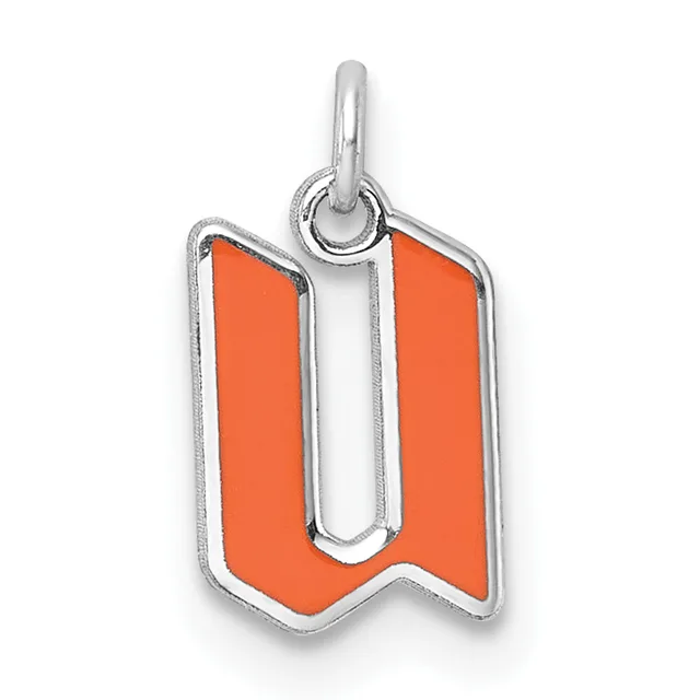 Silver pendant with orange enamel in a rectangular shield shape with a cutout initial "U" design, suspended from a small loop.