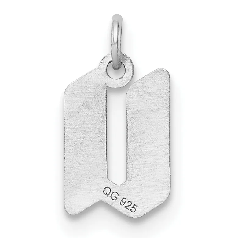 A silver pendant shaped like a rounded rectangle with a cutout in the center, suspended from a small loop and bail.