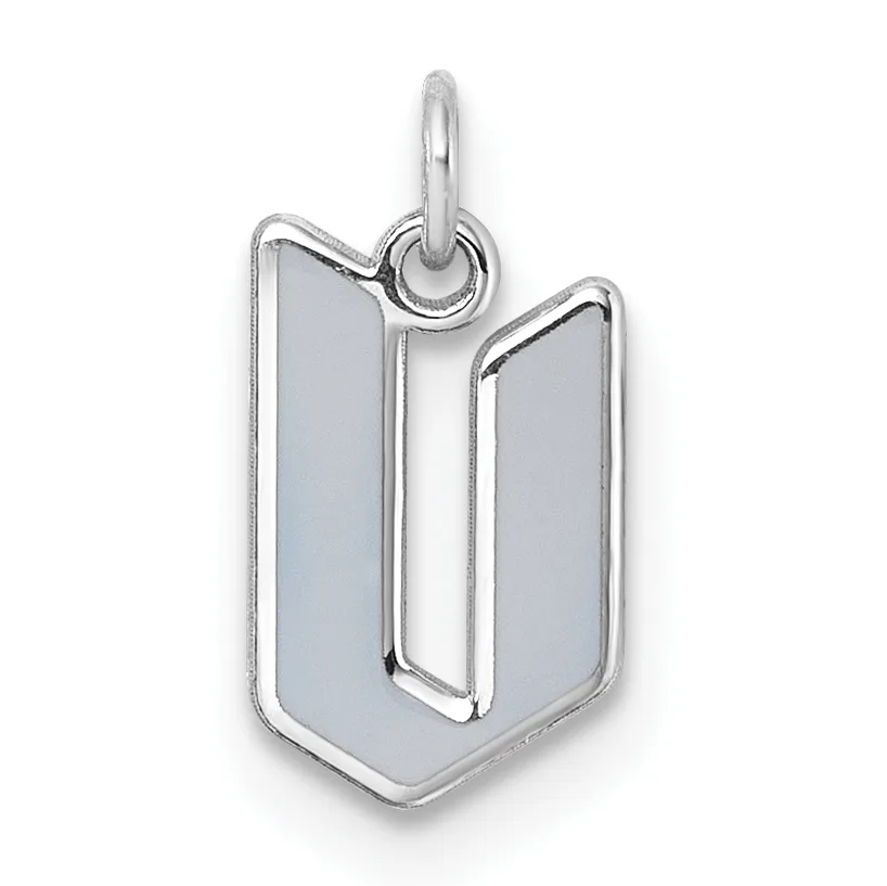 Sterling silver rectangular pendant with an angular cutout design and a small loop at the top for hanging.