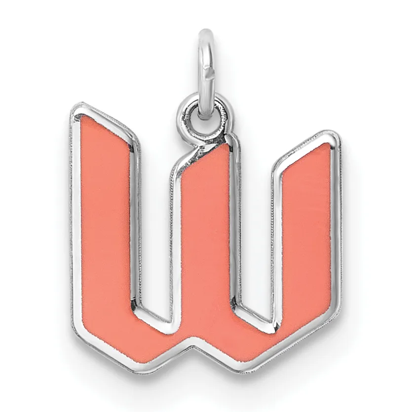 Silver charm pendant with coral-colored enamel fill in a geometric W shape with rounded edges, attached to a silver jump ring.