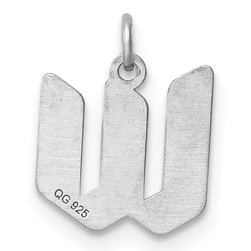 Sterling silver pendant shaped like the letter W with a polished finish and a small stamped hallmark on the lower left, suspended from a bail loop.