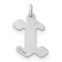 A silver pendant shaped like a dog or puppy with outstretched ears and legs, featuring a small stamped hallmark on the lower portion and a loop bail at the top.