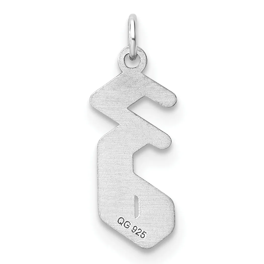 Silver pendant shaped like a stylized letter S with a rounded, curved design and a small stamped hallmark on the lower portion.