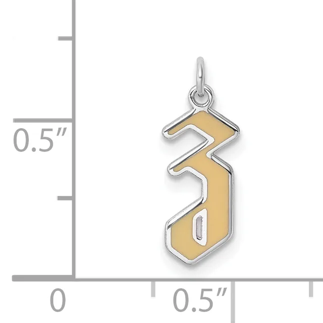 A two-tone pendant with gold-colored enamel fill and silver-tone outline in an abstract zigzag shape, shown next to a ruler indicating approximately 0.5 inches in height.