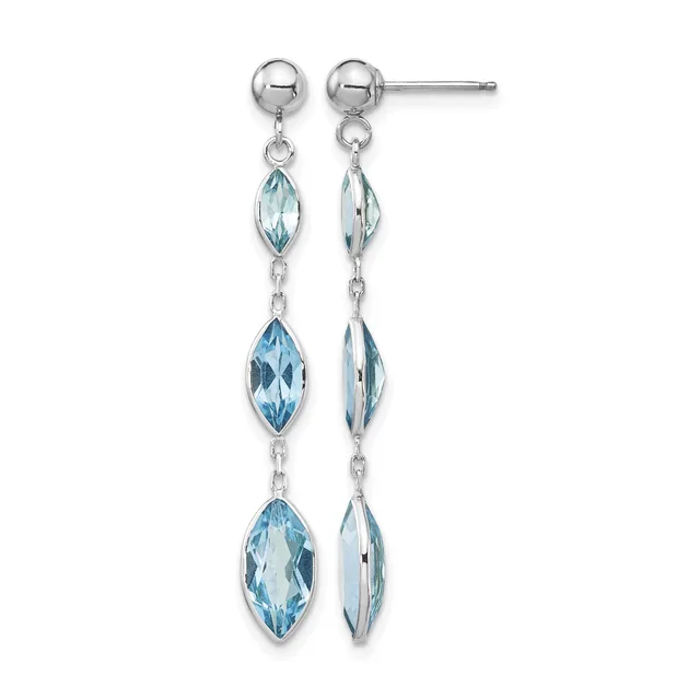 Pair of silver drop earrings with post and ball studs, each featuring three graduated marquise-cut blue topaz stones connected by delicate chains.