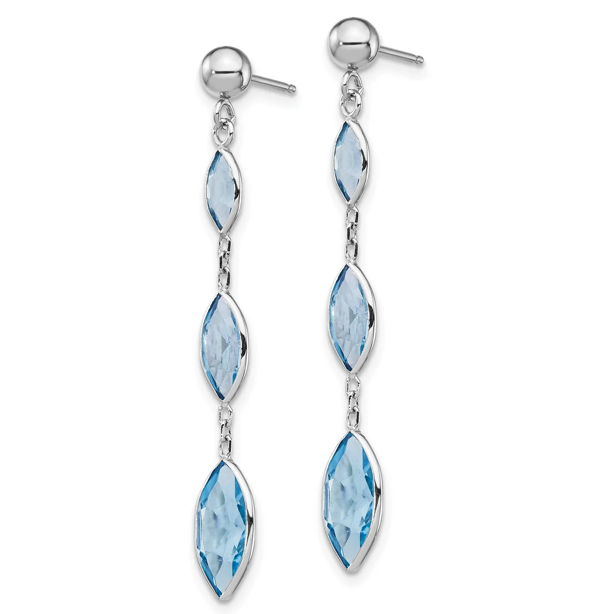 A pair of silver dangle earrings with ball studs, each featuring three faceted light blue marquise-shaped stones connected by silver chains.