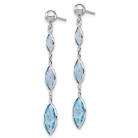 A pair of silver dangle earrings with ball studs, each featuring three faceted light blue marquise-shaped stones connected by silver chains.