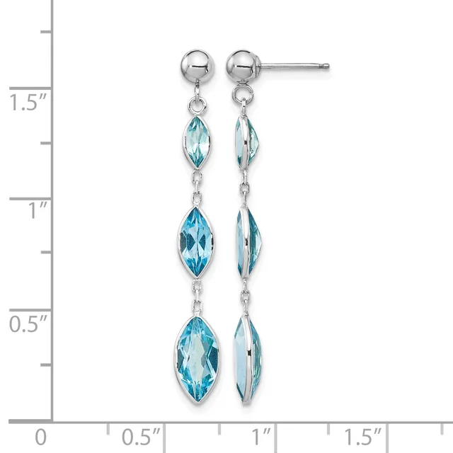 Silver ball stud earrings with three faceted light blue marquise-shaped stones dangling from each post, shown next to a ruler measuring approximately 1.5 inches in length.