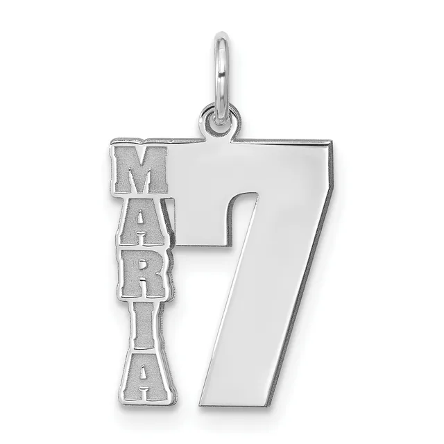 Silver pendant shaped like the number 7 with "MARIA" text vertically integrated into the left side, suspended from a small loop bail.