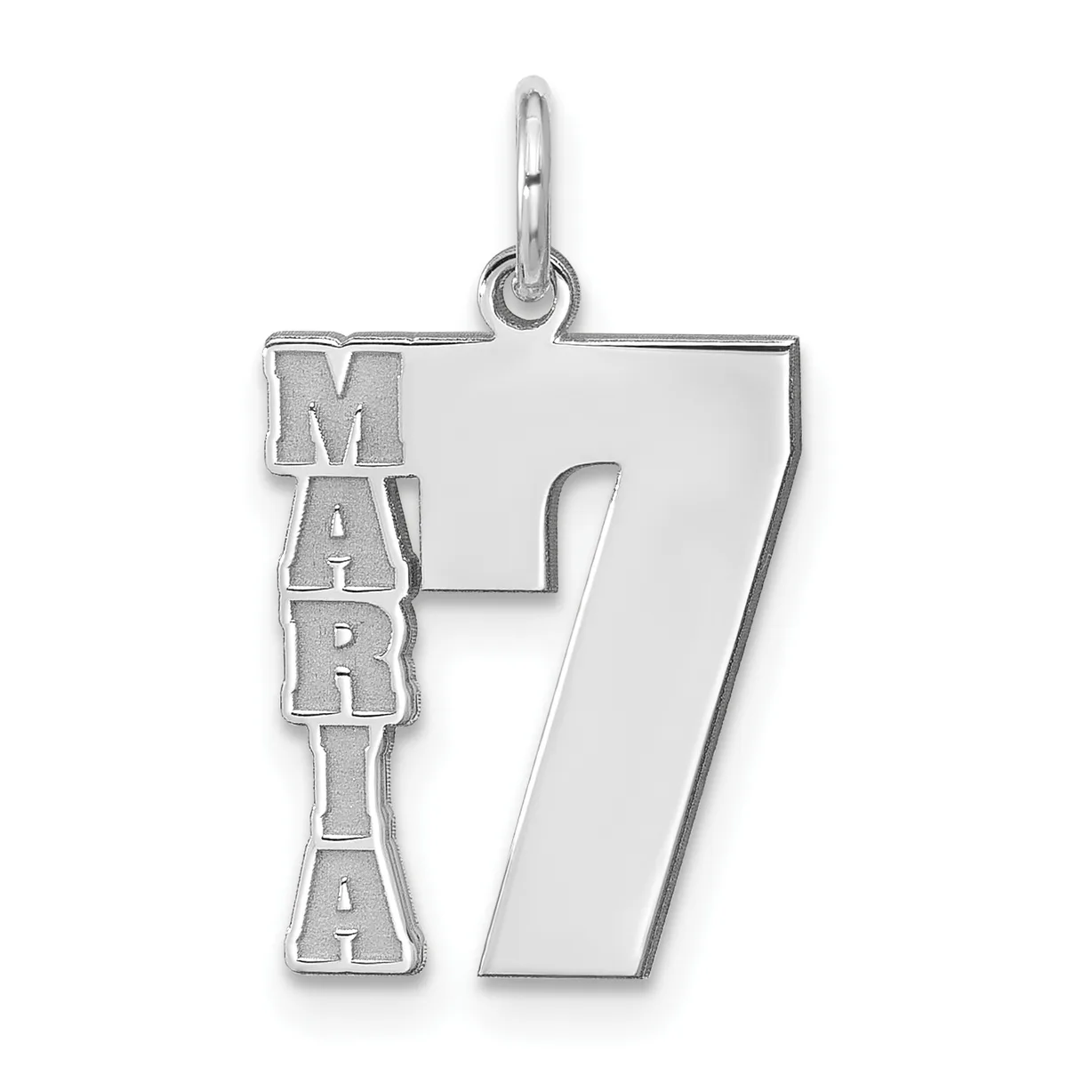 Silver pendant shaped like the number 7 with "MARIA" text vertically integrated into the left side, suspended from a small loop bail.