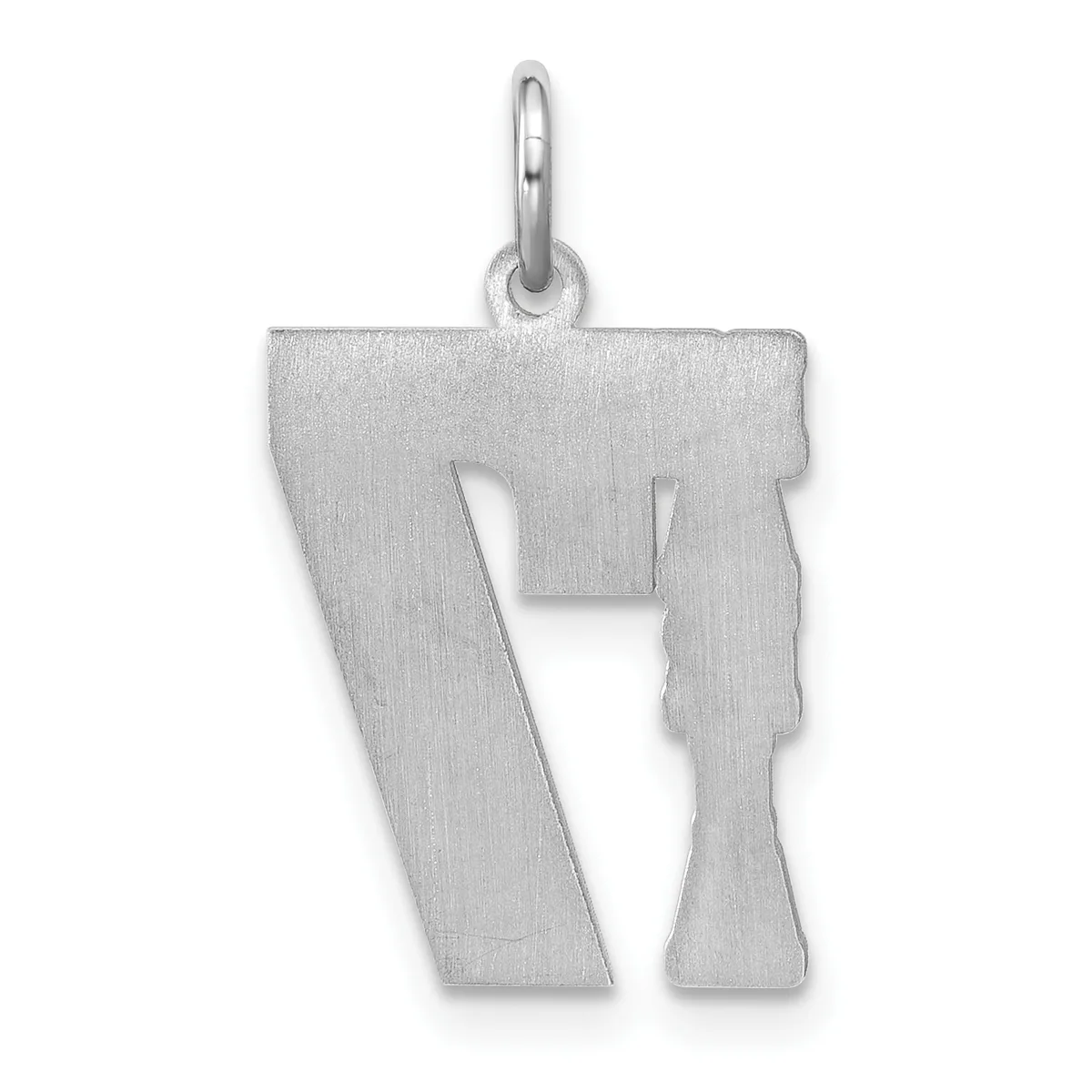 Silver pendant shaped like the letter P with a brushed matte finish and a small loop at the top for hanging.
