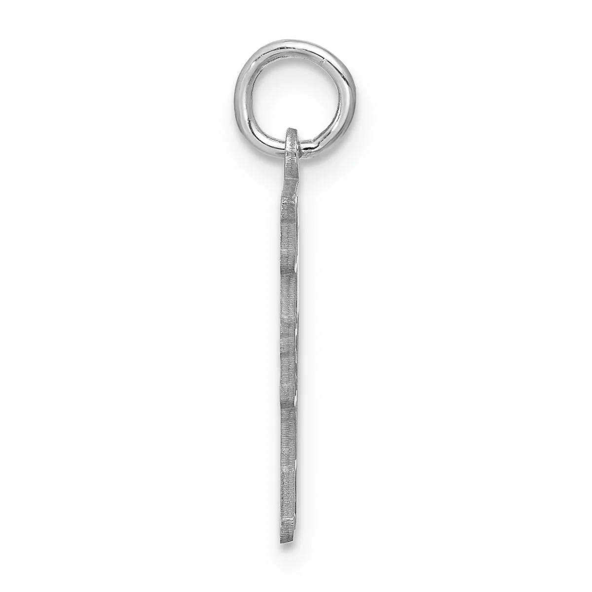 A long silver pendant consisting of a thin rectangular bar hanging from a round loop at the top.