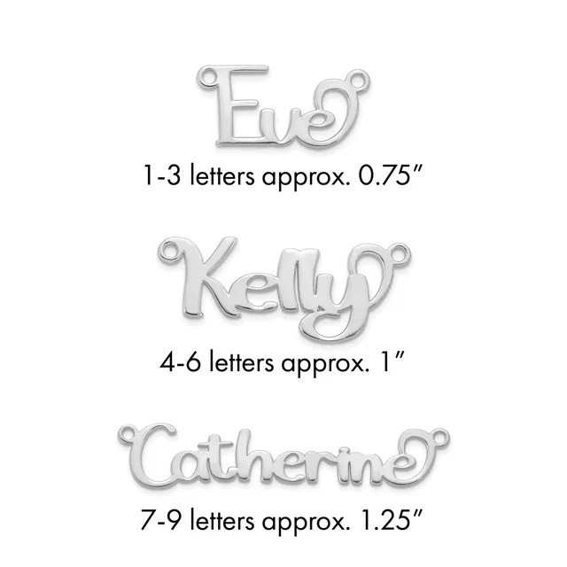 Three silver-toned metal name charms with loops, labeled by letter count and approximate size: Eva, Kelly, and Catherine.