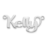 A silver-colored metal charm or pendant spelling out the word "Kelly" in a flowing script font with small loop attachments at each end.