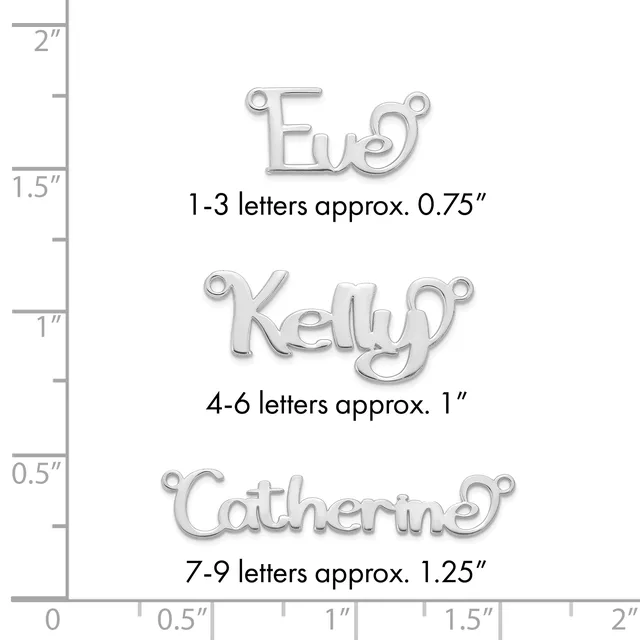 Three silver pendants with names and loops displayed against a ruler showing sizes: "Ew" at 0.75 inches, "Kelly" at 1 inch, and "Catherine" at 1.25 inches.