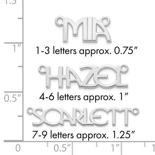 Three silver-toned metal pendants with loop attachments displayed against a ruler showing size comparisons: MR at 0.75 inches, HAZEL at 1 inch, and SCARLETT at 1.25 inches.
