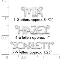 Three silver-toned metal pendants with loop attachments displayed against a ruler showing size comparisons: MR at 0.75 inches, HAZEL at 1 inch, and SCARLETT at 1.25 inches.