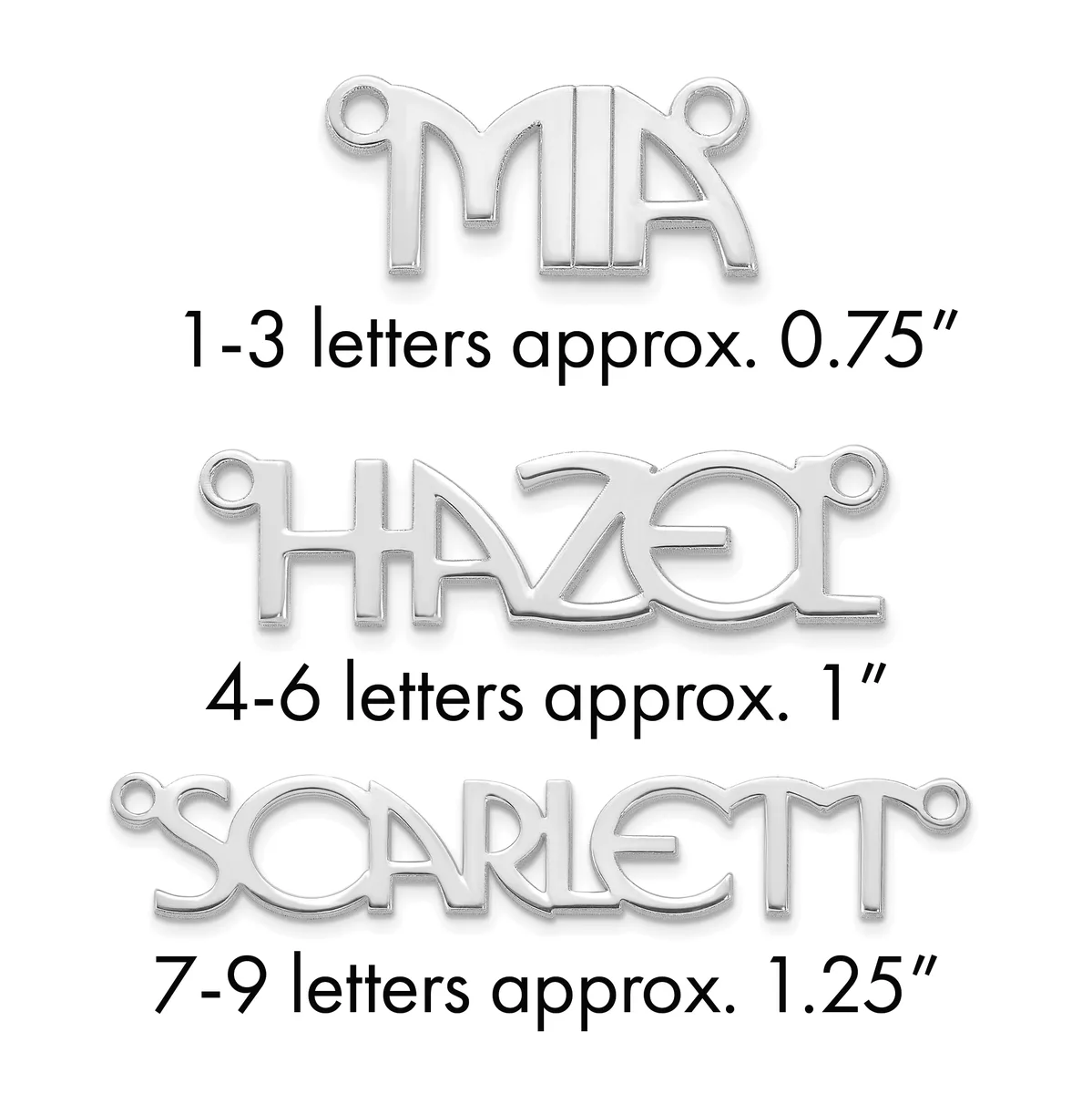 Three silver-toned metal pendants with jump rings showing letter combinations of increasing size, labeled with their approximate dimensions.