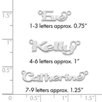 Three silver letter charms shown at actual size on a ruler, ranging from approximately 0.75 inches for 1-3 letters, 1 inch for 4-6 letters, and 1.25 inches for 7-9 letters.