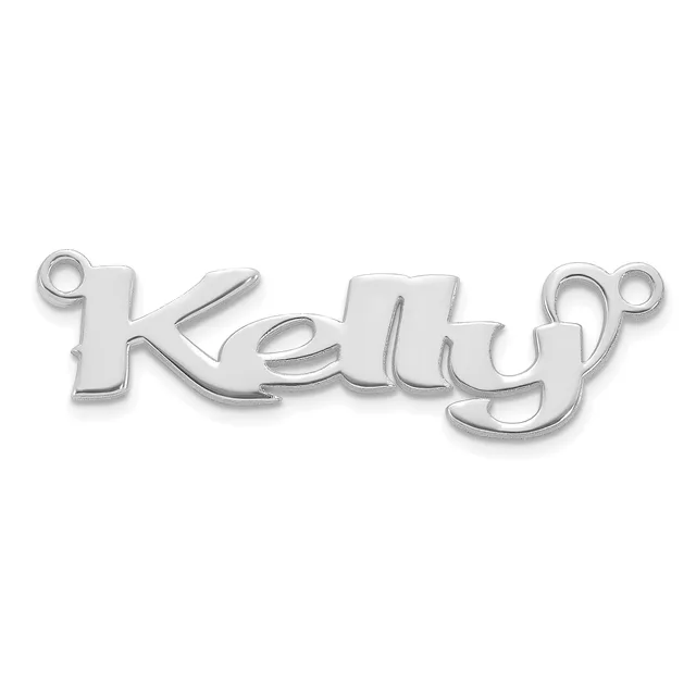 Silver-toned metal nameplate pendant spelling "kelly" in cursive script with small loop attachments at each end.