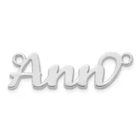 A silver-toned metal pendant charm spelling "Ann" in cursive script with small loops at each end for attaching to a chain or bracelet.