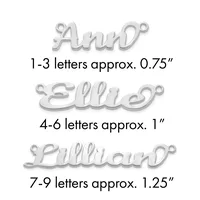 Three silver-toned metal name charms with jump rings, showing size examples for 1-3 letters at 0.75 inches, 4-6 letters at 1 inch, and 7-9 letters at 1.25 inches.