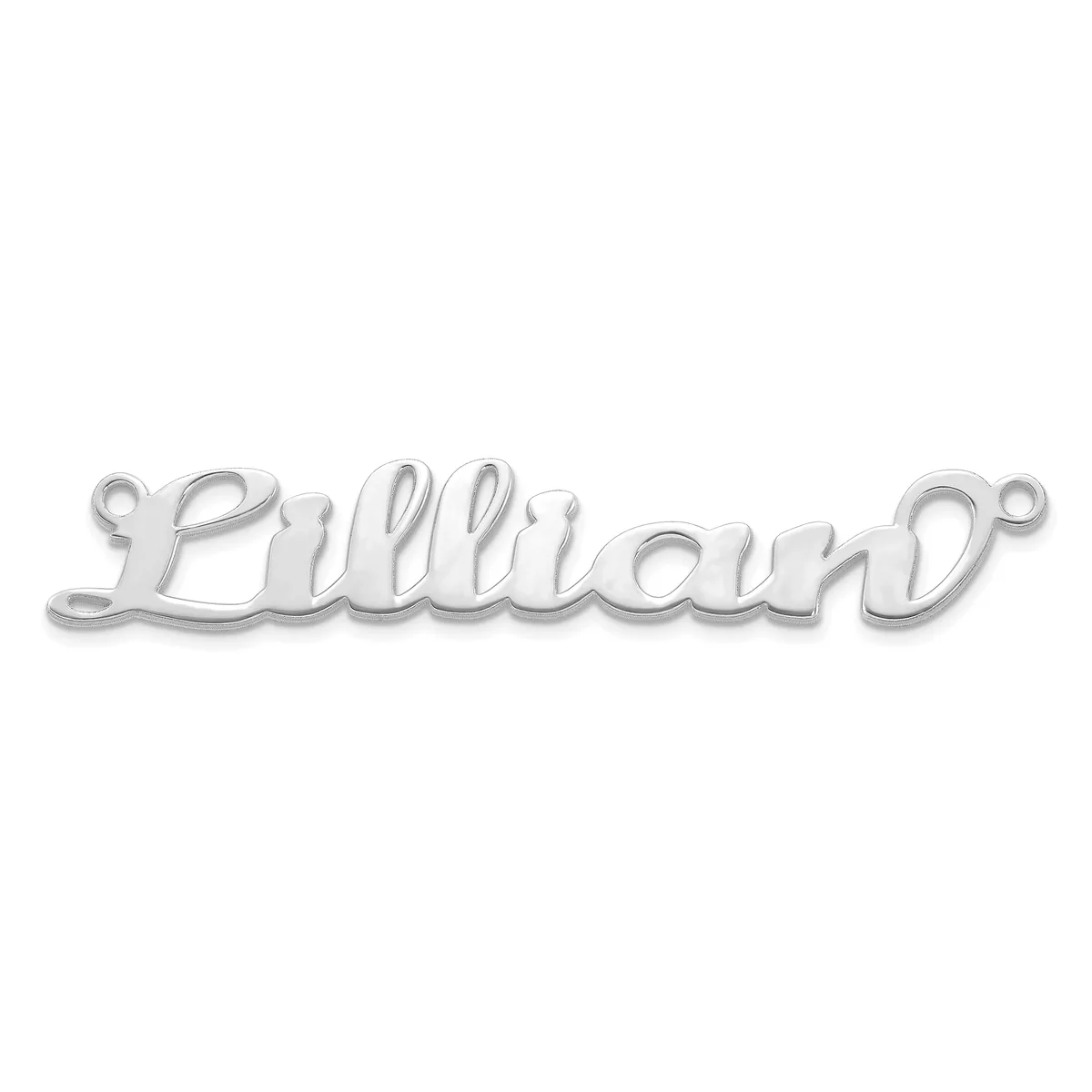 A silver nameplate pendant with the name "Lilliah" in script lettering, featuring small loops at each end for attaching to a chain.