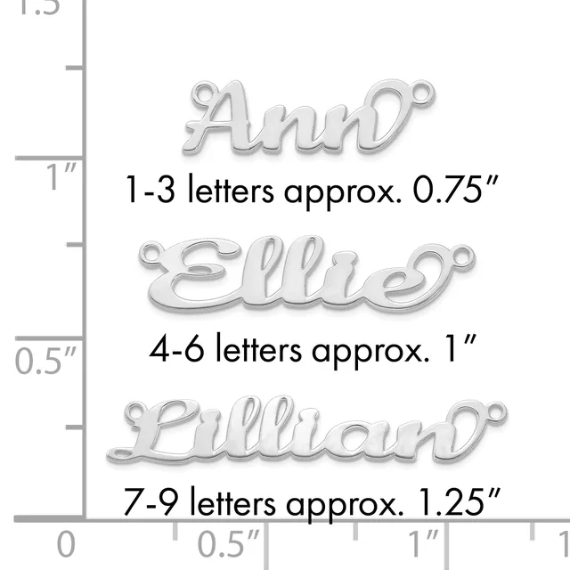Three silver name charm pendants shown at actual size with a ruler, displaying approximate dimensions for one to nine letter names ranging from 0.75 to 1.25 inches wide.