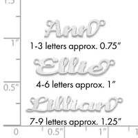 Three silver name charm pendants shown at actual size with a ruler, displaying approximate dimensions for one to nine letter names ranging from 0.75 to 1.25 inches wide.