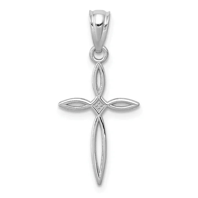 A polished silver cross pendant with elongated pointed ends and a small hallmark, suspended from a matching bail, shown against a white background.