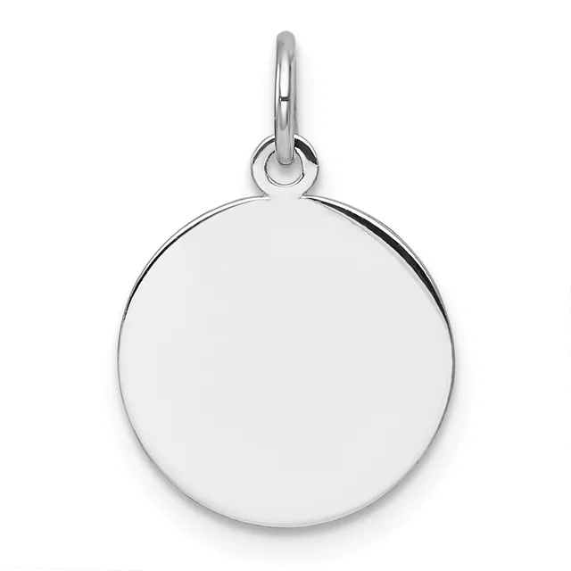 A polished silver circular pendant with a small loop attachment at the top, displayed against a white background.
