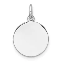 A polished silver circular pendant with a small loop at the top for attachment to a chain or cord.