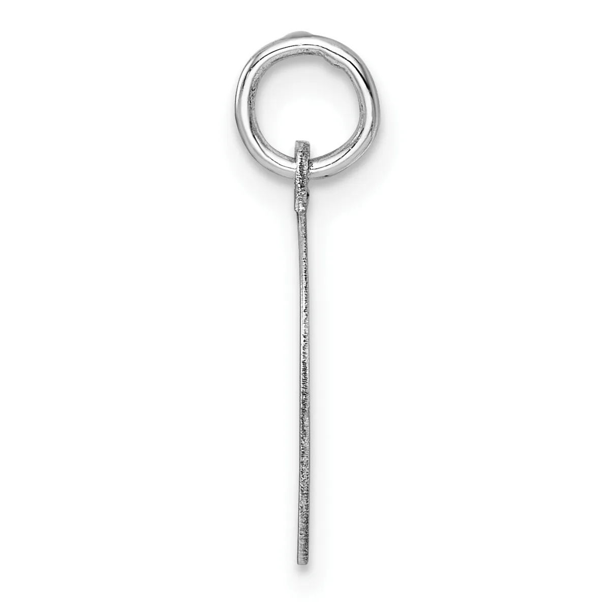 A silver pendant featuring a circular loop at the top connected to a long textured rod hanging vertically below it.