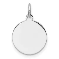 A polished silver circular pendant with a flat disc face and a looped bail at the top, shown against a white background.