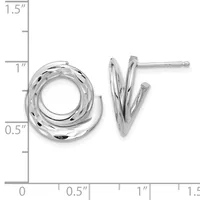 A pair of silver stud earrings with twisted hoop and V-shaped designs displayed next to a measurement ruler showing dimensions up to 1.5 inches.