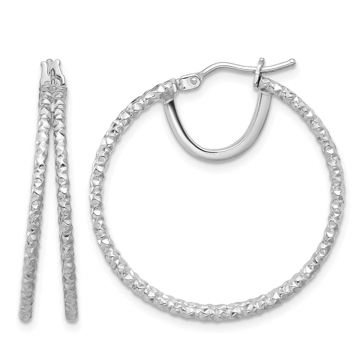 Pair of silver hoop earrings with textured surface and hinged posts, shown from front and side views.