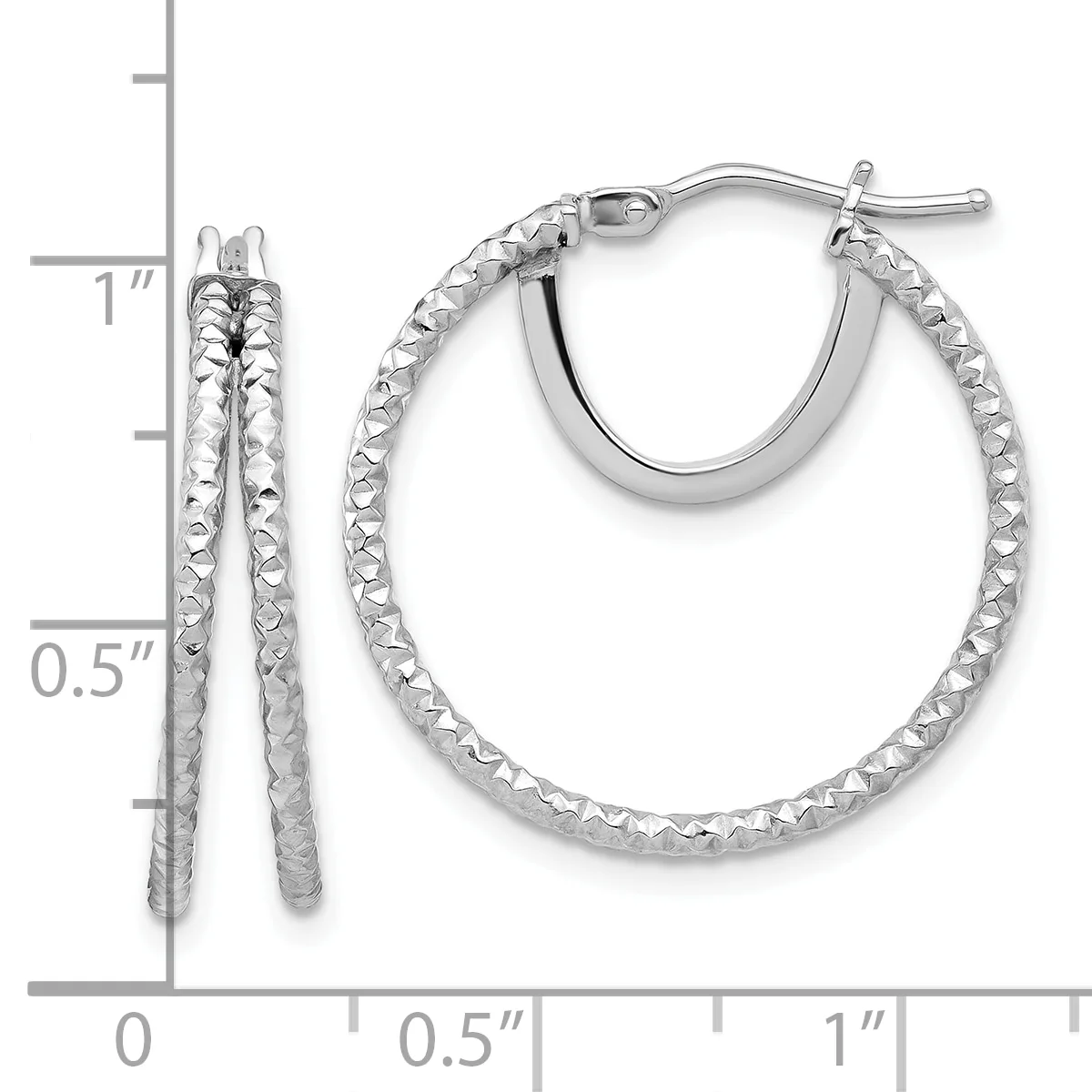 Pair of silver hoop earrings with textured surface and hinged posts, displayed next to a ruler showing approximately one inch in length.