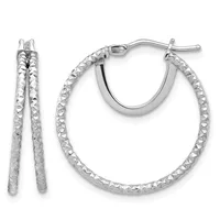 A pair of silver hoop earrings with a textured diamond-cut surface, shown from front and side views with a hinged post closure.