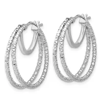 A pair of silver hoop earrings with double oval loops featuring a textured diamond-cut surface finish.
